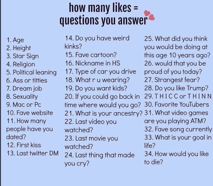 WillowSoCal's tweet photo. Saw this a couple times and decided to steal it.

Let's see how many I have to answer. https://t.co/WBsGfgOmBL