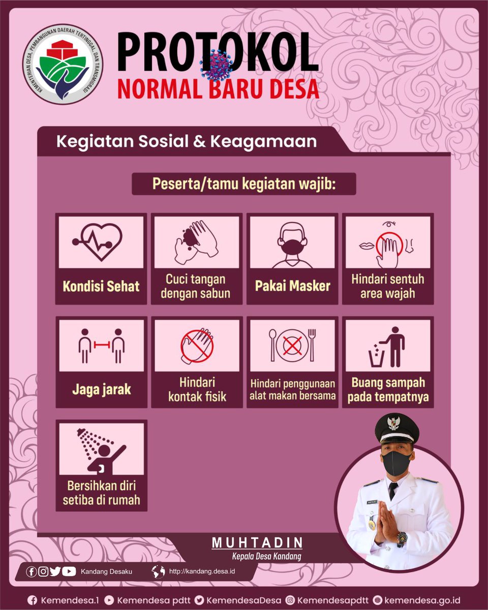 kandangdesaku's tweet photo. PROTOKOL NORMAL BARU DESA
monggo lur disimak, diperhatikan, dan diterapkan.
#KandangDesaku
#DesaPintar
#ProtokolNormalBaruDesa
@puspindes @dinpermasdespml @PemkabPemalang @provjateng @KemenDesa @setkabgoid @jokowi @ganjarpranowo @pakjunaedi https://t.co/OpBClU8cgq