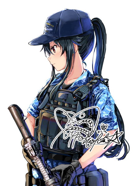 yahagi (kancolle) 1girl solo black hair weapon gloves hat gun  illustration images