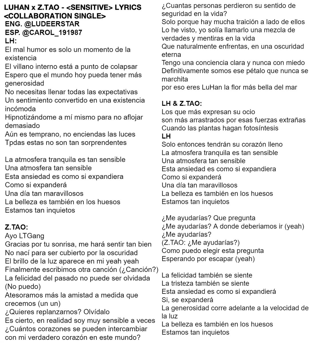 carol_191987's tweet photo. LETRA EN ESPAÑOL 《Sensitive》 (#LuHan x #ZTAO) 

#LuHanSensitive 
ENG @ludeerstar https://t.co/Fq7Q92CIa3