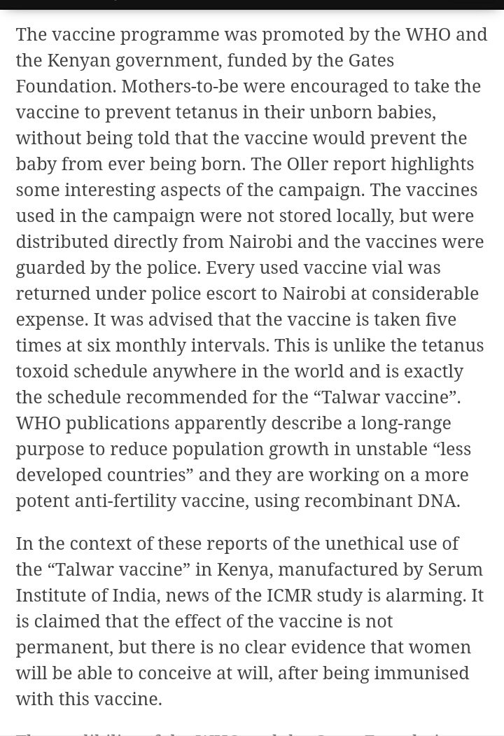 Bill Gates sponsored tetanus vaccines with sterility drugs are being tested on Indian women since 2018. Pregnant women are told they it will protect the unborn child from tetanus. But they don't know it will abort the fetus & stop further pregnancies.  https://www.sundayguardianlive.com/news/ethical-questions-surround-vaccine-reduce-fertility