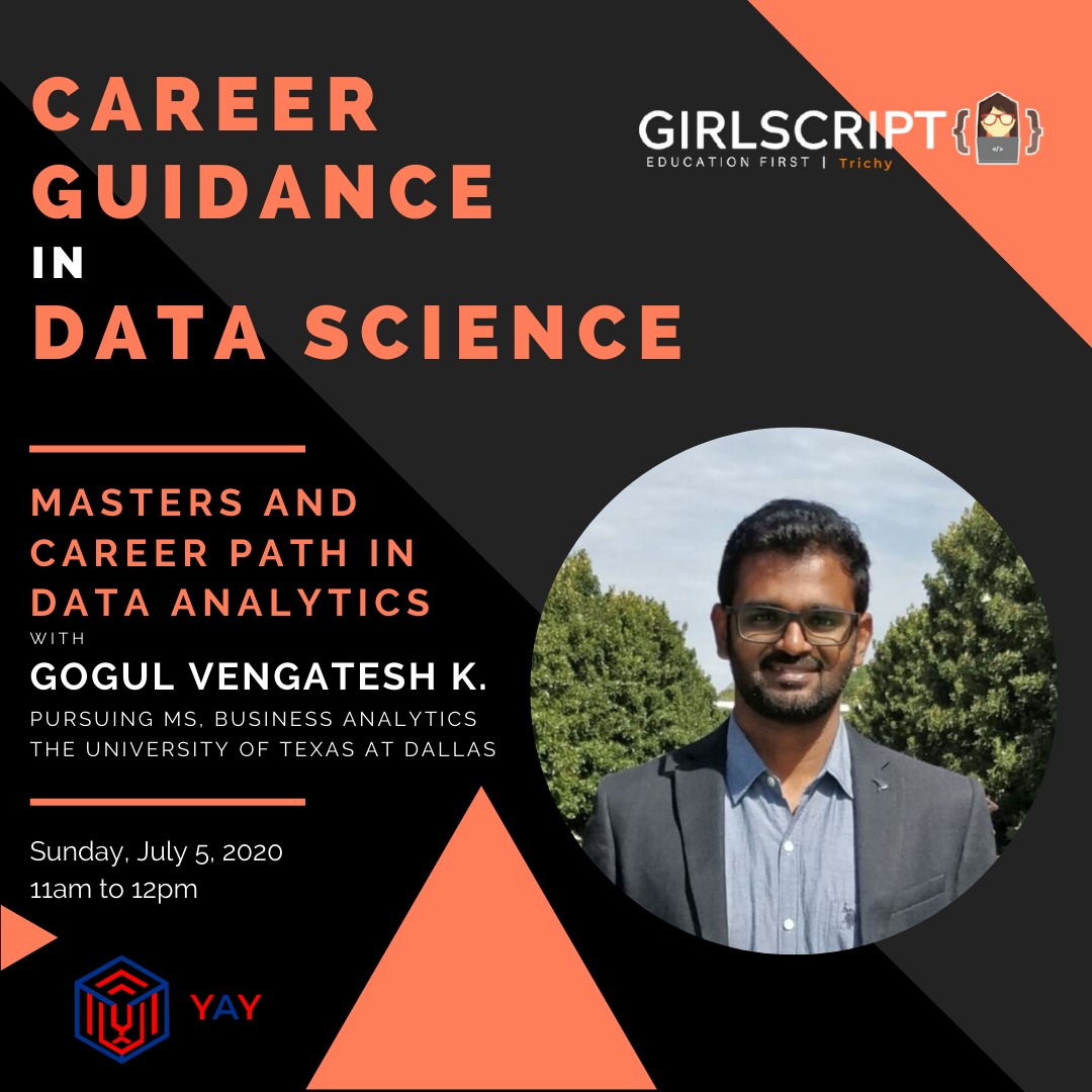 GirlscriptT's tweet image. Greetings from Girlscript Trichy!

Girlscript Trichy presents Data Science Weekend, a series of live interactive webinars with industry experts to help us understand the field of Data Science.

To join the first session of the webinars,register at instagram.com/p/CCIngn8Mtaq/…