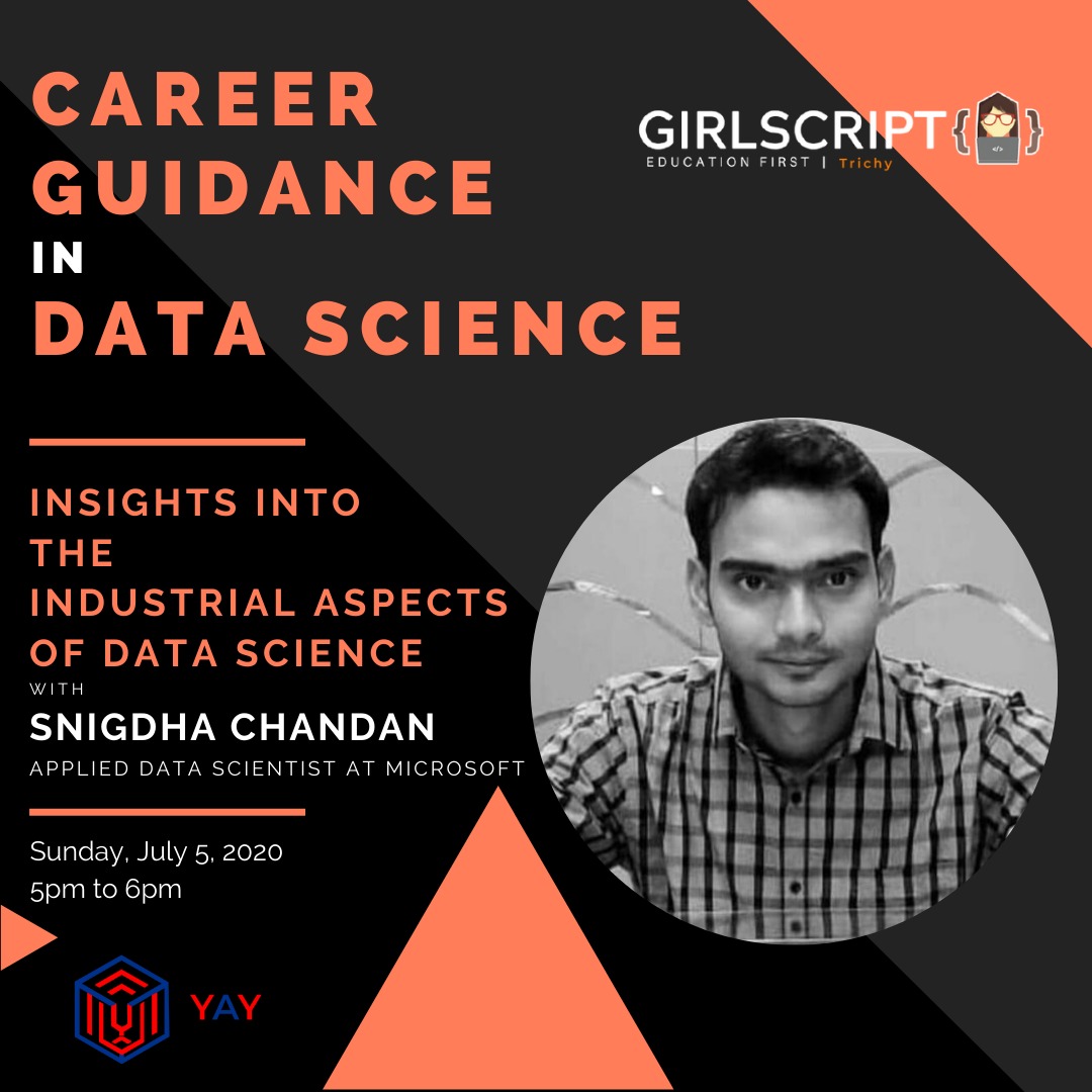 GirlscriptT's tweet image. Greetings from Girlscript Trichy!
 
As a part of the Data Science Weekend, we present the second session of the live webinar series, this time focusing on the industrial Aspects of Data Science.

To join this webinar,register at instagram.com/p/CCInt88sB46/…

#gs #DataScience