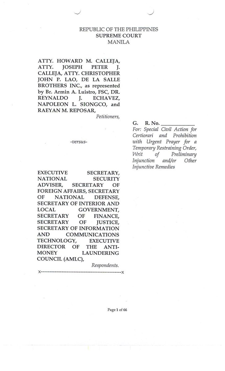 ABSCBNNews's tweet photo. BREAKING: A group of lawyers led by Atty. Howard Calleja, the De La Salle brothers led by Brother Armin Luistro, and civic groups have filed the 1st petition before the Supreme Court questioning the Anti-Terrorism Act. They ask for TRO to stop its implementation. | @mikenavallo https://t.co/6QsGhLSPgk