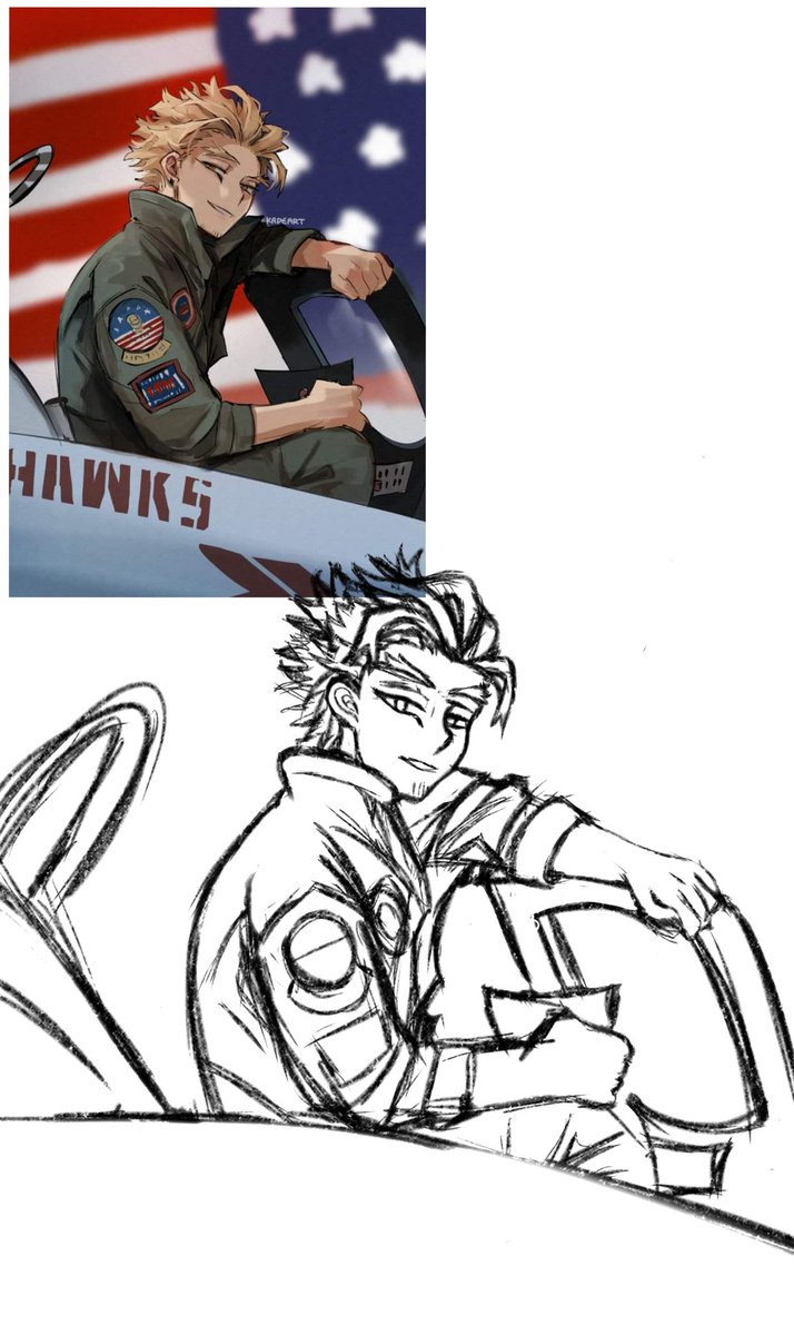 PlotThief's tweet photo. Happy Independence Day America! ^^
And nothing says Patriotism more than this amazing Top Gun Hawks art the wonderful @kadeart did this March haha XDD
(Which I tried to #redraw cause I wanted to post it excuseme *cough**runs*)
#artistredraw
#hawks #bokunoheroacademia #bnha https://t.co/B6ueoo2DDU