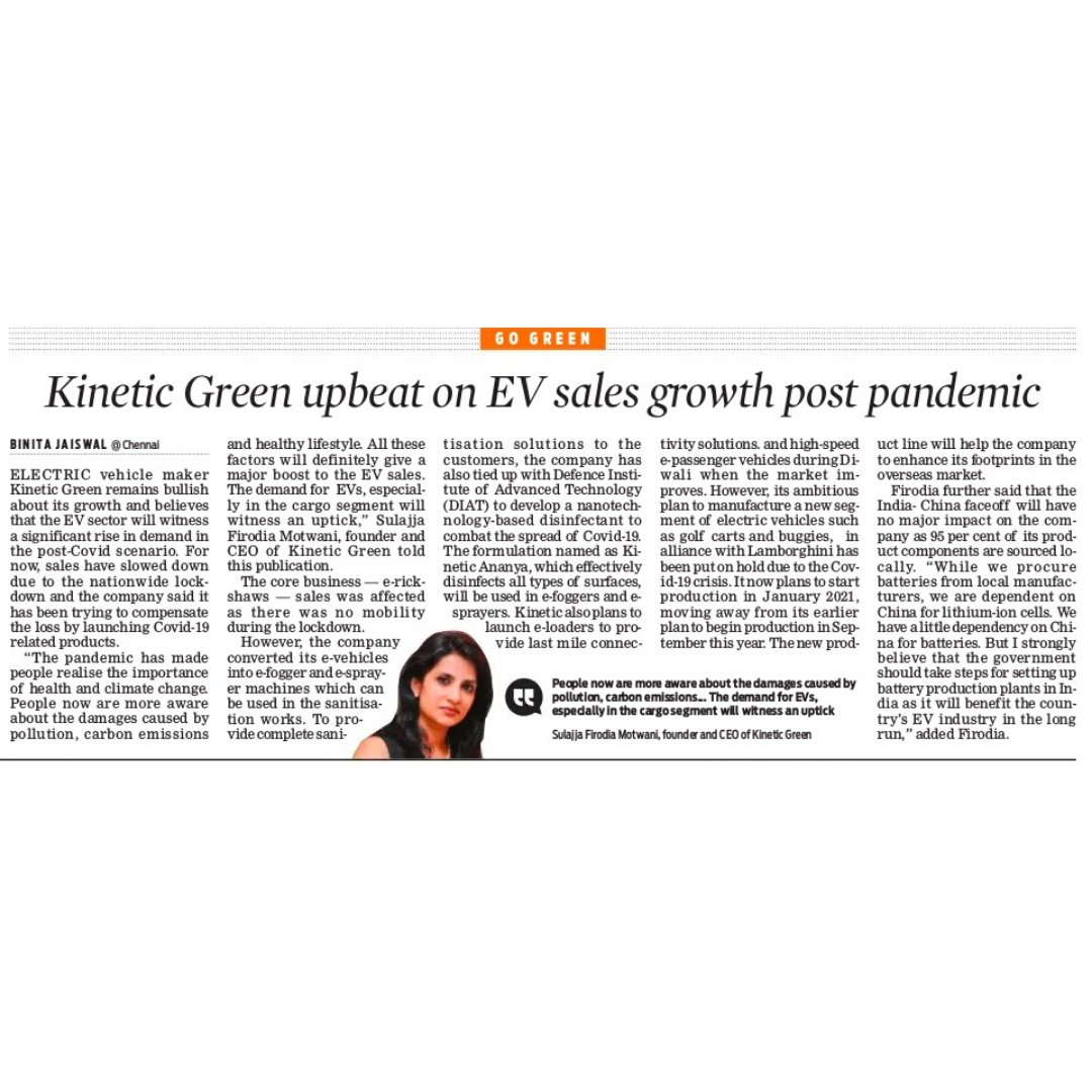 KineticgreenEV's tweet photo. News Worth Sharing!
Sulajja Firodia Motwani, founder and CEO of Kinetic Green Vehicles talks about being aware of pollution, carbon emission and the increasing demand for electric vehicles.
#GreenapnaoCoronabhagao #IndiaFightsCorona #Efogger #Esprayer #communitysanitization https://t.co/K5RE6FfTJ0