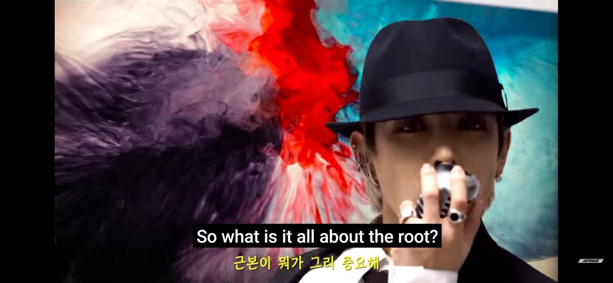 oec x ateez pt.3by. hongjoong's black & white cover also has oec's color as one of the backgrounds and on the behind the scenes, only red, blue, purple colors have each tie dye shirts 