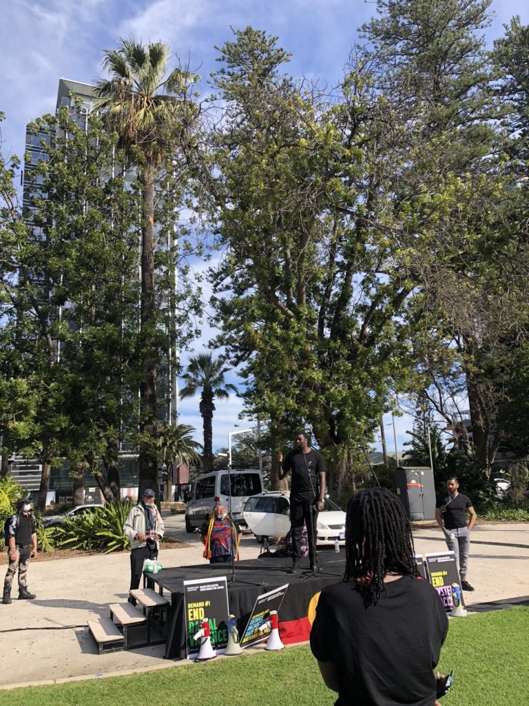 boorloojustice's tweet photo. Keith is keeping the spirits of the protesters high discussing the DEMAND TO END SYSTEMATIC RACISM. Follow @boorloojustice INSTAGRAM. #BlackLivesMatter #AboriginalLivesMatter #blmperth https://t.co/CSlt80160b
