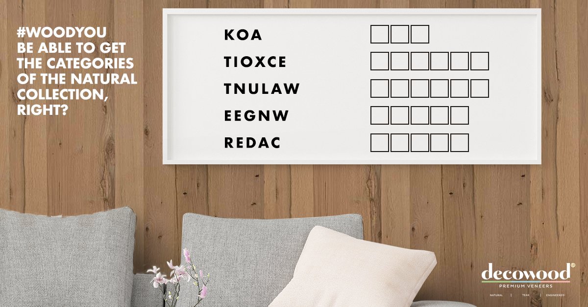 MikasaVeneers's tweet photo. Use your analytical brain to rearrange the categories' names from our Natural Collection. The first three to comment with the right answers will get rewarded with a tree planted in their name. Stay tuned for more trivia & fun with #Decowood.
#NaturalCollection #WoodYou #Veneers https://t.co/TXJmaQCRzI