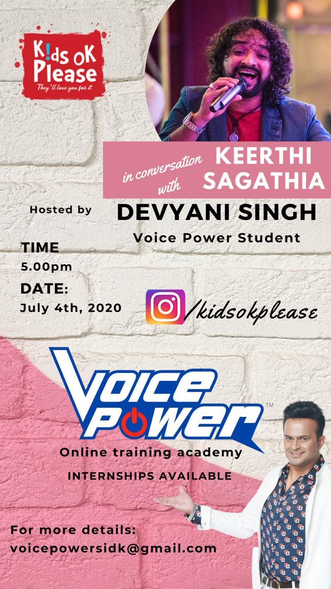 sidkannan's tweet image. Glad to announce that 1 of my students from my Online Voice Training Course: Voice Power will be interviewing the amazing @KeerthiSagathia today, 5pm on @KidsOkPlease’s Insta:
Instagram.com/kidsokplease
For more info on #VoicePower, drop is a mail on voicepowersidk@gmail.com!
#SidK