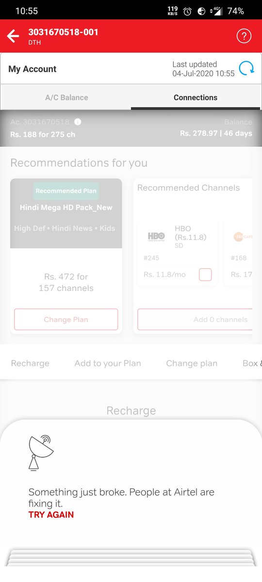 erviveksharbkn's tweet photo. @Airtel_Presence @airtelindia worst service in digital tv. I am facing issue since 23 March but there is no option to change my channels. In thanx app only showing error attached here https://t.co/kobXtiuu9d