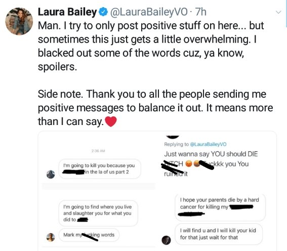 GeeksGamersCom's tweet image. ICYMI: Actress #LauraBailey who voices the character of Abby in #TheLastofUs2 is receiving awful, hate filled threats due to the Joel situation. Please don't be this way.