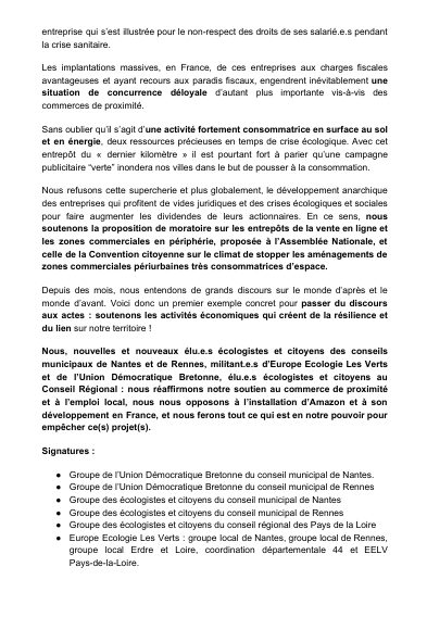 TristanNantes's tweet photo. 📰✏ Communiqué : "Nous réaffirmons notre soutien au commerce de proximité et à l’emploi local, nous nous opposons à l’installation d’@AmazonFrance  et à son développement en France, et nous ferons tout ce qui est en notre pouvoir pour empêcher ce(s) projet(s)." ⤵️ https://t.co/twOceENV87