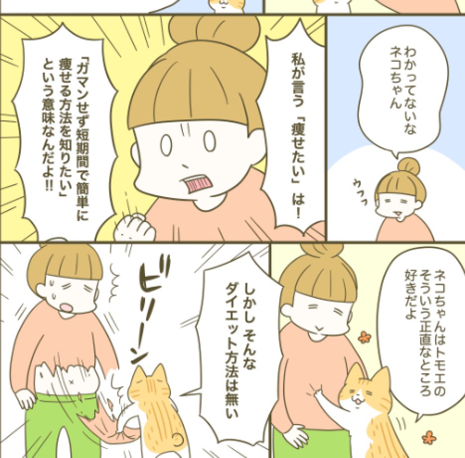 夏なのでダイエット漫画の宣伝を。
ネコちゃんがダイエット指導いたします。
「◯◯だけで痩せる」みたいな魔法は載ってないけど、
本の内容を実践しながら描いてたら私と担当さんも5kg痩せました? 