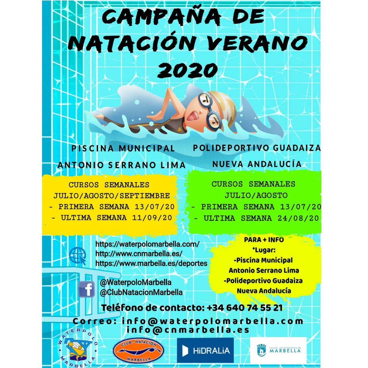 CWMarbella's tweet photo. Club Natación Marbella y Club Waterpolo Marbella unen fuerzas y trabajan juntos para ofertar a Marbella "La Campaña de Verano 2020" en la Piscina Municipal Antonio Serrano Lima y Polideportivo Guadaiza con la colaboración del Ayuntamiento de Marbella y el patrocinio de Hidralia. https://t.co/2FpDF7r0bk