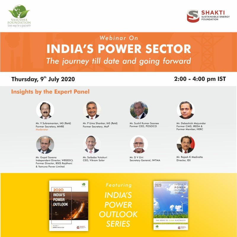 Join us for a webinar featuring India's power sector experts discussing the latest policy developments &amp; trends. Hosted by <a href="/Vasudha_Fnd/">Vasudha Foundation</a> with support from <a href="/ShaktiFdn/">Shakti</a> #IndiaPowerSector #RenewableEnergy #CleanEnergy #RE

Thursday, 9th July, 2-4 pm, via Zoom.
bit.ly/2C6alae