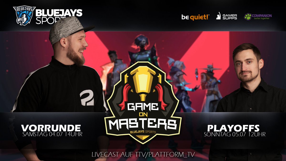 PLATTFORM_tv's tweet photo. In etwas über einer Stunde geht es endlich los.
#GameOnMasters #Valorant ab 13.45 Uhr live auf https://t.co/RPHcRRH5J0

#Werbung #stream #twitch #twitchDE #gaming #feelblue @BLUEJAYS_Sports https://t.co/r9Kvnam5be