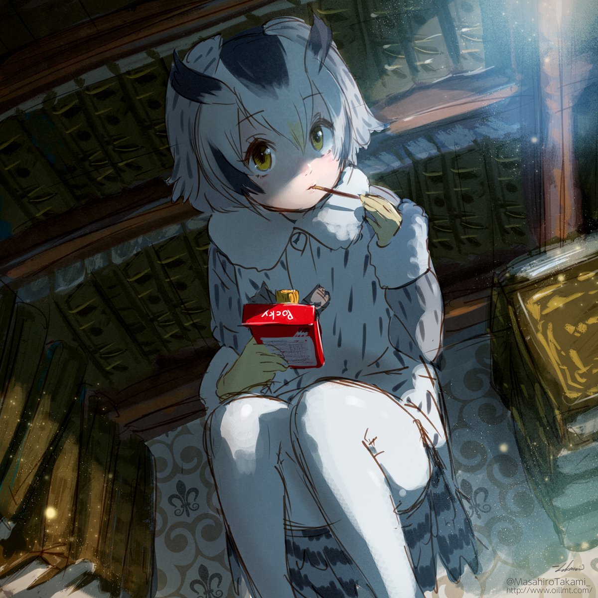 アフリカオオコノハズク(けものフレンズ) 「ポッキー食べてる博士です!

かわよ! 」|たかみまさひろ　7月～ご依頼受付中のイラスト