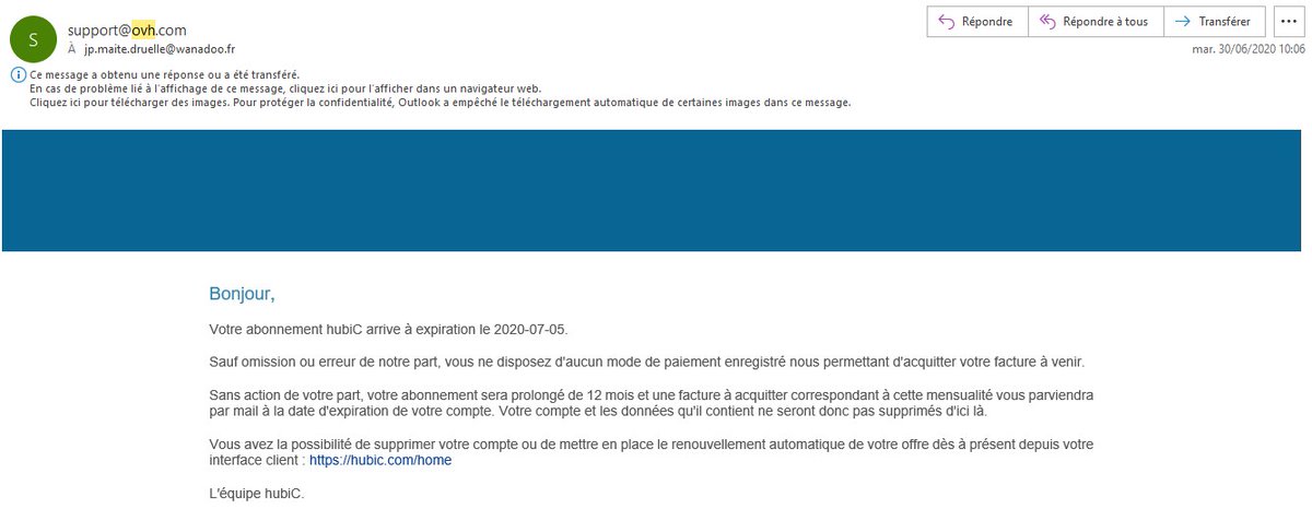 jpdruelle's tweet photo. reçu le 30/6/2020 Votre abonnement hubiC arrive à expiration le 2020-07-05. 
Nous sommes le 4 juillet. Je RESILIE mon abonnement ce jour soit la veille de l'expiration. Or, Je reçois une facture le 1er juillet.
Impossible de vous contacter par mail d'où mon tweet @hubicatovh https://t.co/U2VGLErweb