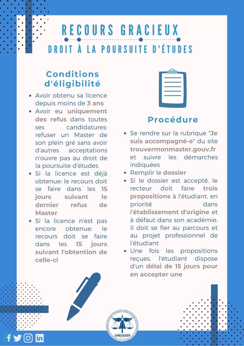 [RECOURS GRACIEUX]

➡️ La réforme instaurant la sélection en Master 1 met en place un droit à la poursuite d'études vous permettant demander un recours gracieux auprès du rectorat.

❗ Attention, l'acceptation de votre dossier n'est pas assurée.