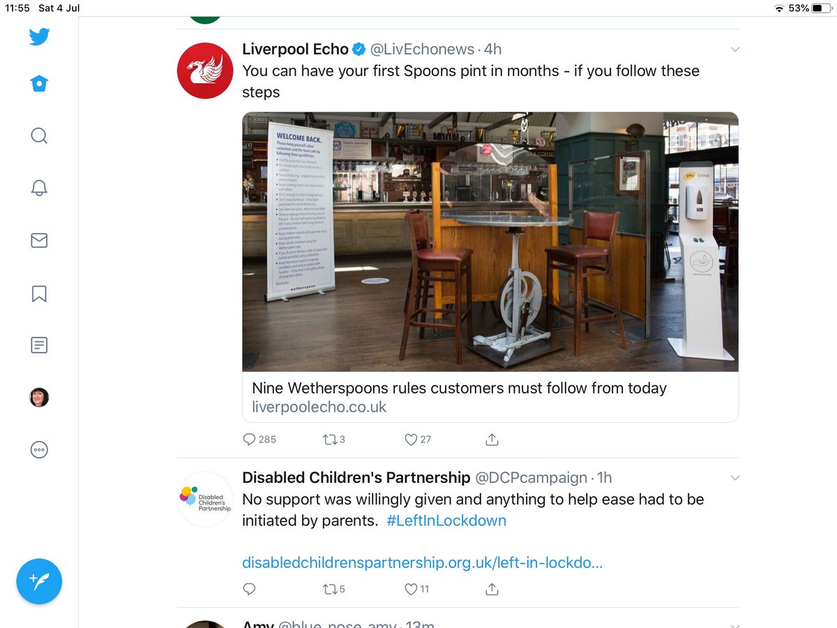 CunninghamVicki's tweet photo. When your twitter feed looks like this, listening to media call today “super Saturday “ because the pubs open, when families are still prisoners shielding disabled children, with vital care and equipment being taken makes my heart very sad! https://t.co/CWIc6Pp144