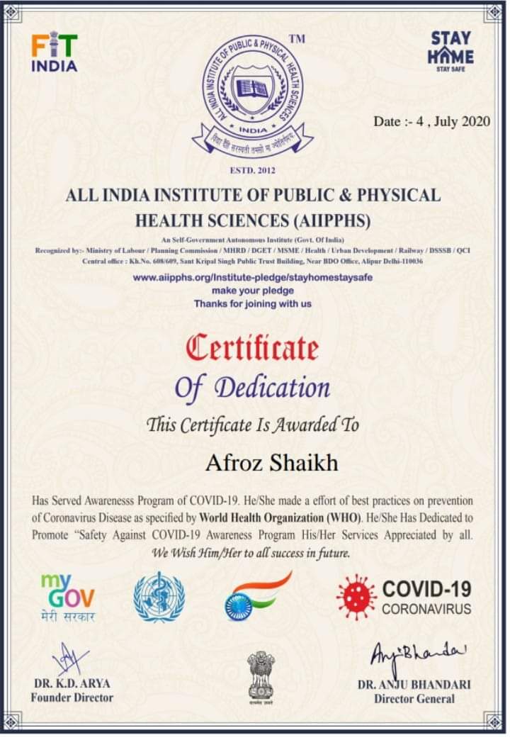 afrozsir's tweet photo. Certificate Of Dedication 
#MyGov #AIIPPHS #GovtOfIndia #WHO #COVID19 #coronavirus 
#CoronaWarriors https://t.co/Md1I78AVUQ