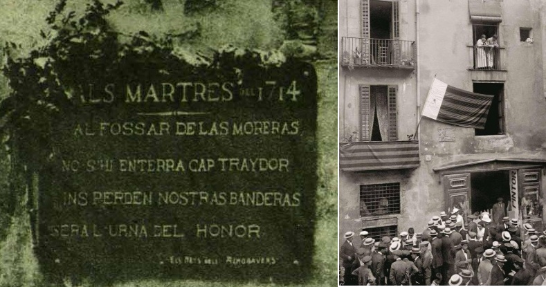 1915. El grup els Néts dels Almogàvers col·loquen la primera placa al Fossar amb els versos d’en Pitarra. Fons negre amb llegenda blanca sota una branca de roure. Fou retirada pels franquistes el 1939.