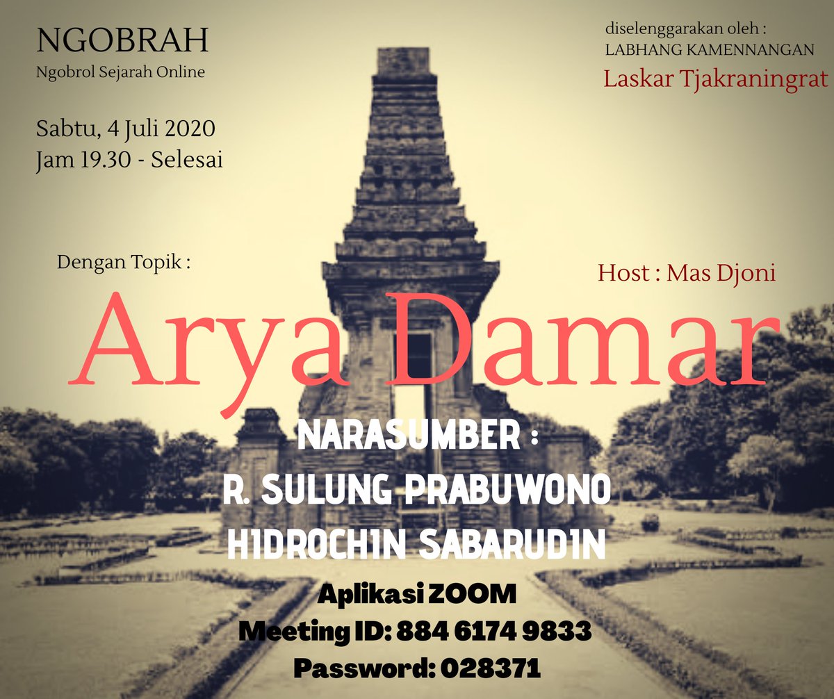 LaskarTjakra's tweet photo. Jangan lupa yaa nanti malam...

Topic: NGOBRAH : Arya Damar 
Time: Sabtu, Jul 4, 2020 19:30 WIB 

Join Zoom Meeting 
https://t.co/yZokmMRTs7 

Meeting ID: 884 6174 9833 
Password: 028371 https://t.co/337DZf6N5H