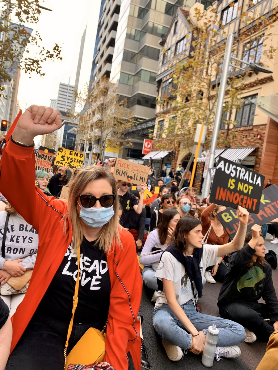 Sophiemcneill's tweet photo. Hundreds have marched through central #Perth today for a #BlackLivesMatter rally. Powerful speeches by youth &amp; elders to a mainly young crowd, impeccably organised by @boorloojustice https://t.co/RxesRZmhJJ