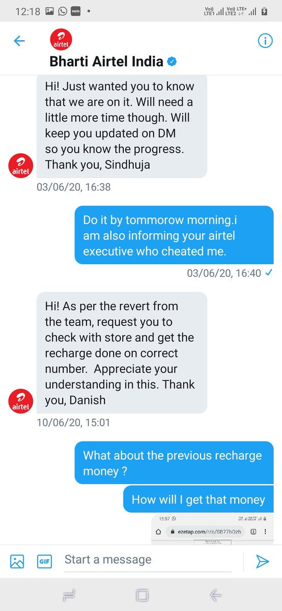 4. I Send all details aur DM me inki jhooti bakaiti chalti rahi.paise to laute nahi.main yeh paise  @airtelindia ko bheek me bhi de sakta hun agar woh log khul kar bheek maange.o am attaching all DMs SS.