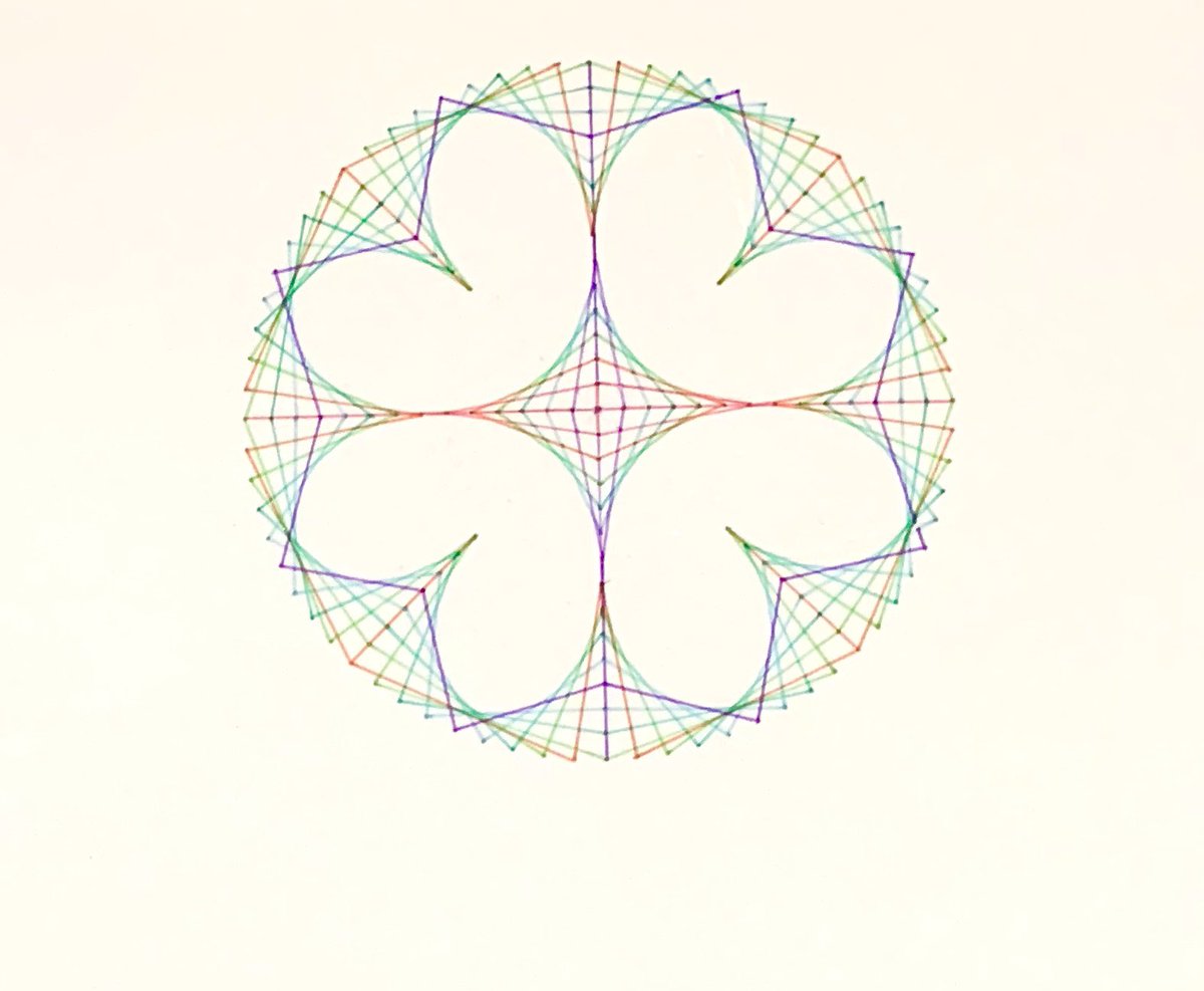 Curve stitching was the first  #mathsart activity I fell in love with and always do it with my students. Here is a simple homage to it for Day 4 of  #GeometricJuly.  @c0mplexnumber