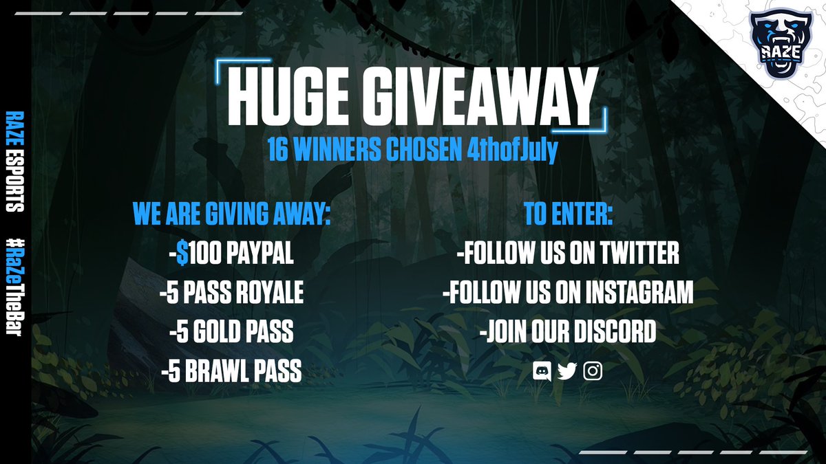 🎉HUGE #4thofJuly #Giveaway {$225 Spent} 🎉
16 Winners Chosen in 7 Days

🎁$100 Paypal Only
🎁5 Pass Royale
🎁5 Gold Pass
🎁5 Brawl Pass

To Enter:
☑️Follow Twitter: <a href="/RaZeEsportsTeam/">RaZe Esports</a> 
☑️Follow Insta: @razeesportsgg
☑️Join Discord: discord.gg/6UYTycW
☑️Follow Tagged in Photo
