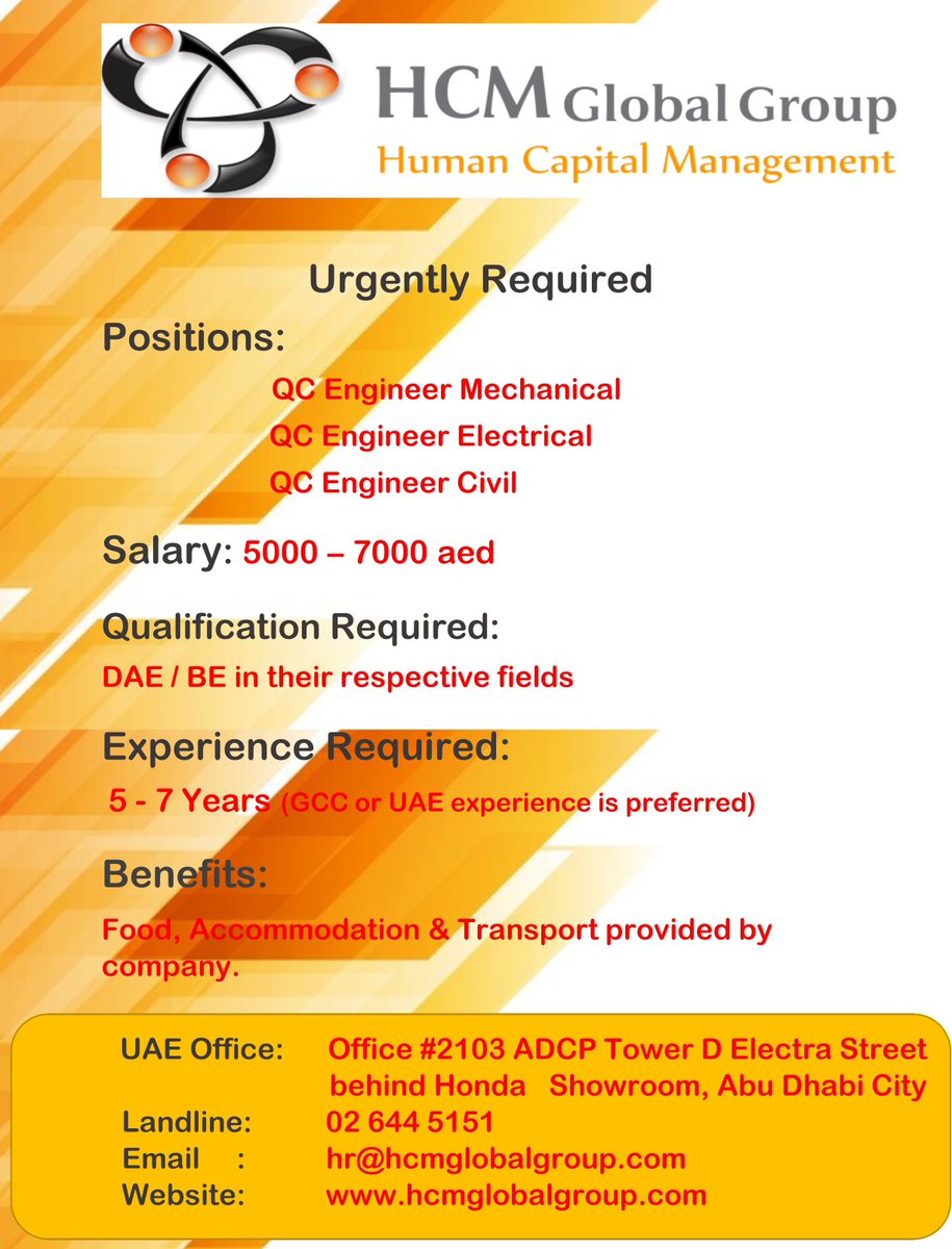 HCMGlobal's tweet photo. We are looking for #QCEngineers (#Mechanical, #Civil, #Electrical) for our client in #UAE.

Interested candidates can share their resume of the email address given below.

hr@hcmglobalgroup.com

#Jobs #jobshcm #UAE https://t.co/UsxkRECAXB