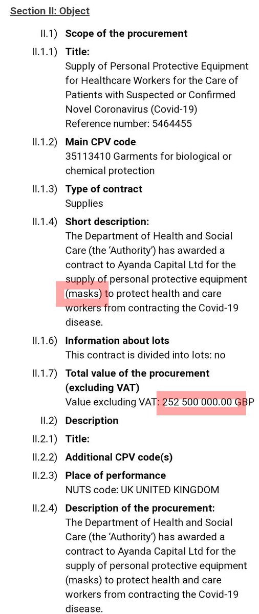 But wait, that is nothing.The Government spent a cool quarter of a billion quid buying facemasks from a rather interesting outfit called Ayanda Capital Limited (again it was apparently the only tenderer).  https://ted.europa.eu/udl?uri=TED:NOTICE:309303-2020:TEXT:EN:HTML&src=0.