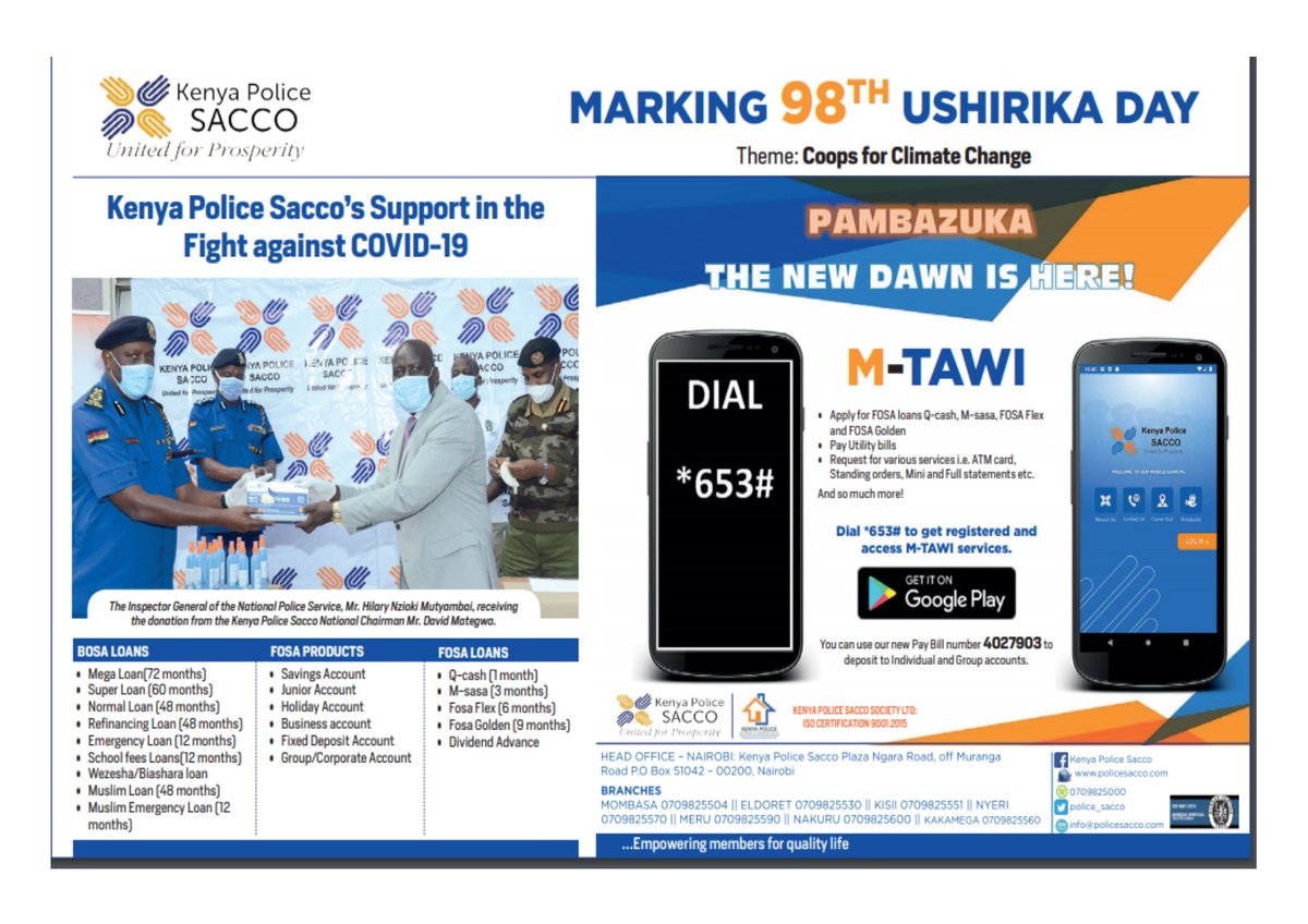 police_sacco's tweet photo. We wish our members &amp; the Coops Family a Happy 98th Ushirika Day. Use M-Tawi to transact. #UnitedForProsperity
#Coops4ClimateChange #StaySafe #GoDigitalBanking https://t.co/7cD2UIkGUH
