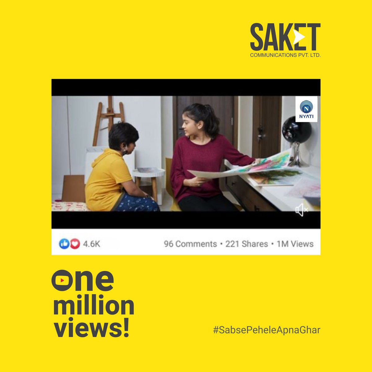 saketcomm's tweet photo. Saket Communications is immensely proud because our work has reached over one million people.

One million views and counting in six days for a video we made for Nyati group.

#SaketCommunications #IdeasThatWork #Pune #StoryTellers https://t.co/DIDvlFuds1