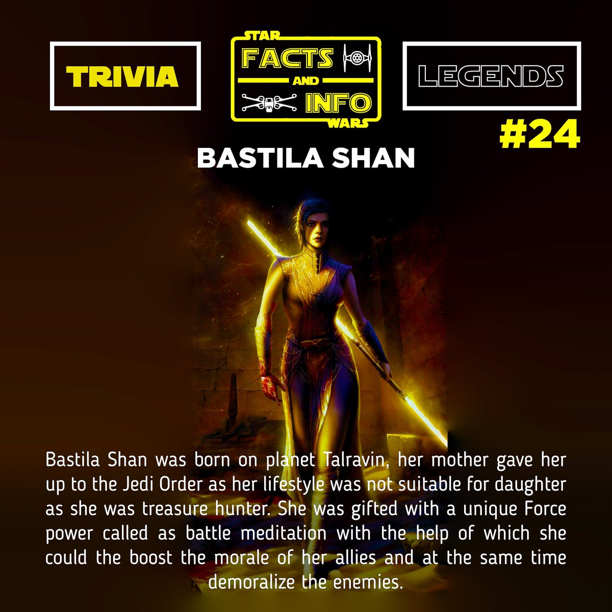 swfactsandinfo's tweet photo. Bastila Shan
#starwars #starwarsfact #swfact #starwarsinfo #swinfo #swtrivia #swfactsandinfo #knightsoftheoldrepublic #kotor #starwarsknightsoftheoldrepublic #starwarstheoldrepublic #swtor #bastilashan #darthmalak #darthrevan #jediknightrevan #revan https://t.co/3O2zLecRNb