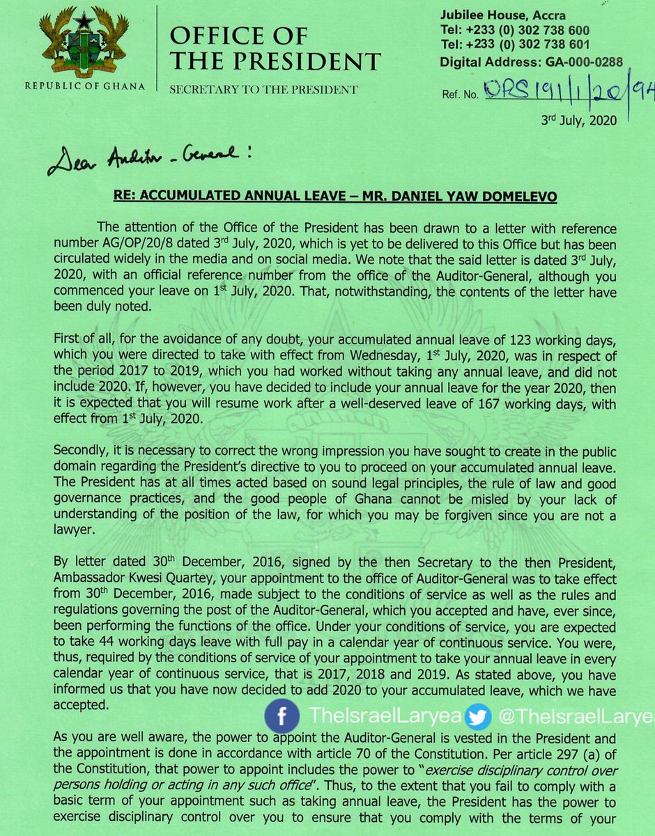 TheIsraelLaryea's tweet photo. With all due respect, the tone of this letter from the Office of the President of Ghana to the Auditor-General, Yaw Domelevo isn't presidential enough. My President shouldn't be seen engaged in a spat with anyone, let alone in the public domain.

#NotSoPresidential https://t.co/2BGKLa0rHo
