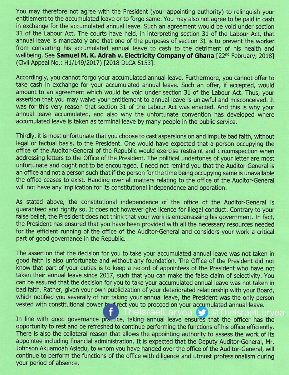 TheIsraelLaryea's tweet photo. With all due respect, the tone of this letter from the Office of the President of Ghana to the Auditor-General, Yaw Domelevo isn't presidential enough. My President shouldn't be seen engaged in a spat with anyone, let alone in the public domain.

#NotSoPresidential https://t.co/2BGKLa0rHo