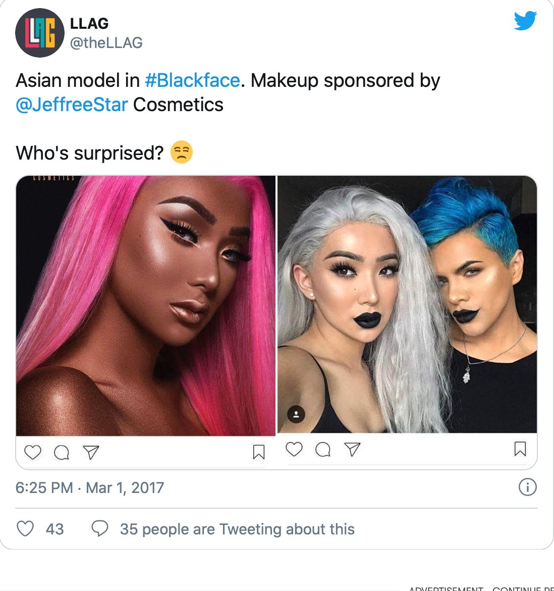 Lyrics from Jeffree's 2007 song "We Want Cunt" feature the n-word, among other problematic and insensitive lyrics.Also in 2017, Jeffree's Androgyny palette campaign drew criticism. The photos of Nikita Dragun show her skin was clearly darkened for the sake of the advertisement.