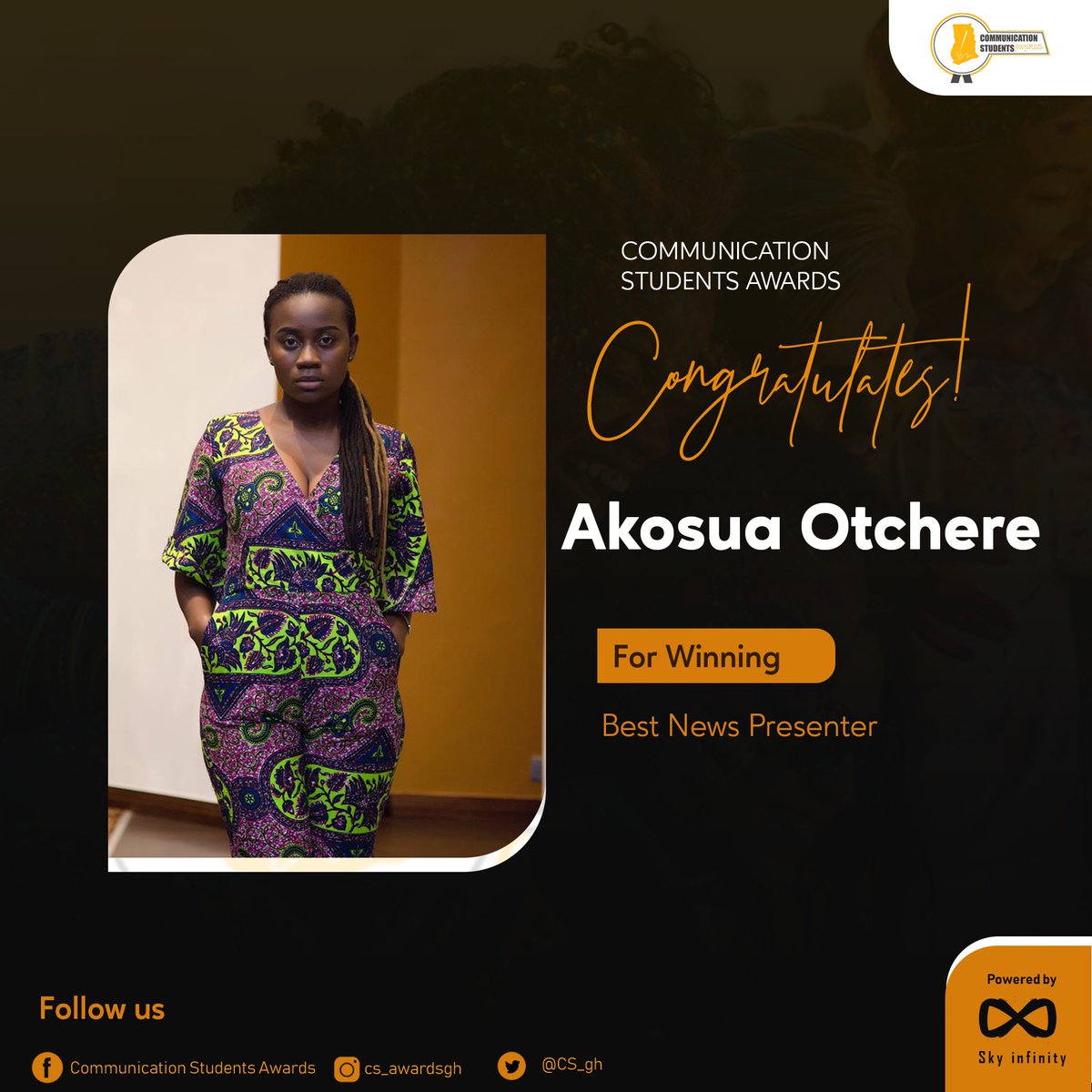 CSA_gh's tweet photo. Congratulations to you
#CommunicationStudentsAwards
#communicationstudents
#csawards2020
#marginsgroup #SkyInfinity https://t.co/0N4Xm8lu24