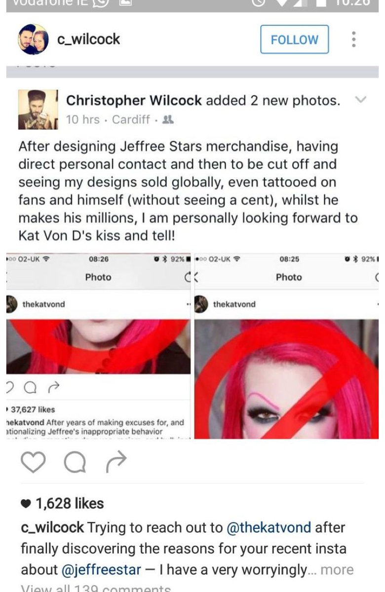 In 2016, Kat Von D called out Jeffree for not paying the artist who created his logo, whom KVD introduced Jeffree to. He avoided KVD when confronted about it, and only paid and made reparations once she publicly outed him.