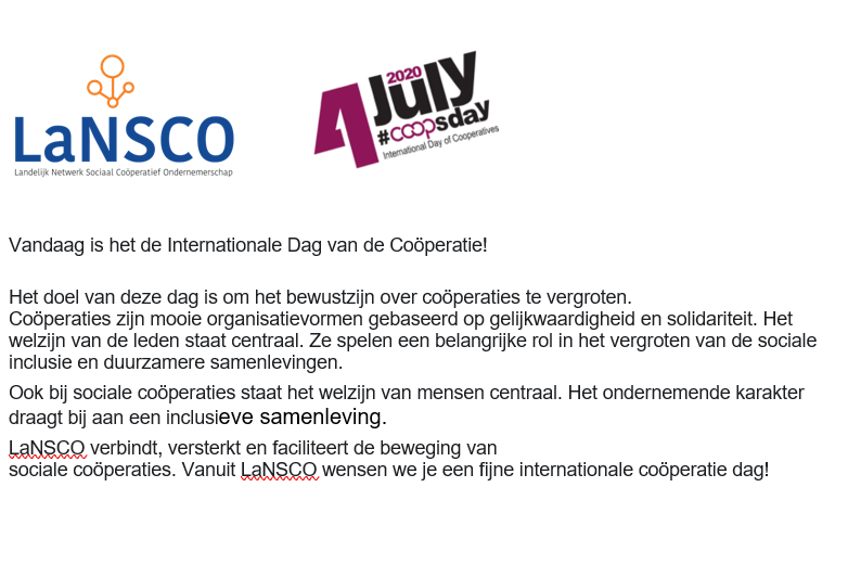 lansco_nl's tweet photo. Vandaag is het de Internationale Dag van de Coöperatie! 

Het doel van deze dag is om het bewustzijn over coöperaties te vergroten.
LaNSCO verbindt, versterkt en faciliteert de beweging van
sociale coöperaties. Vanuit LaNSCO wensen we je een fijne internationale coöperatie dag! https://t.co/UPEEmEbf5G