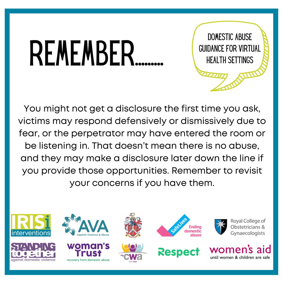 As a health professional, you might be one of few people able to safely signpost survivors to help. You don’t need to be an expert in domestic abuse to do this.  You can make every contact count. Read our guidance at irisi.org.