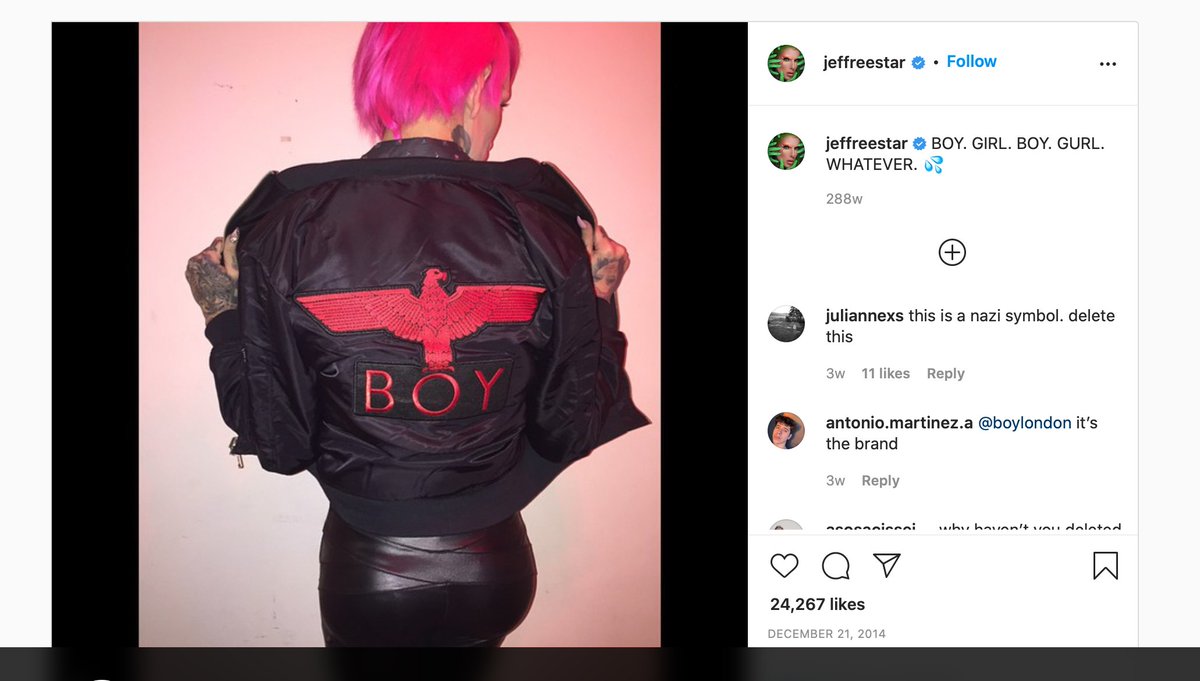 Jeffree posted a photo to insta, which features him wearing a jacket that has the nazi eagle on it. When called out Jeffree replied “they stole it, just like the swastika used to be for Buddha...Don’t spread ignorant comments without stating the facts.”