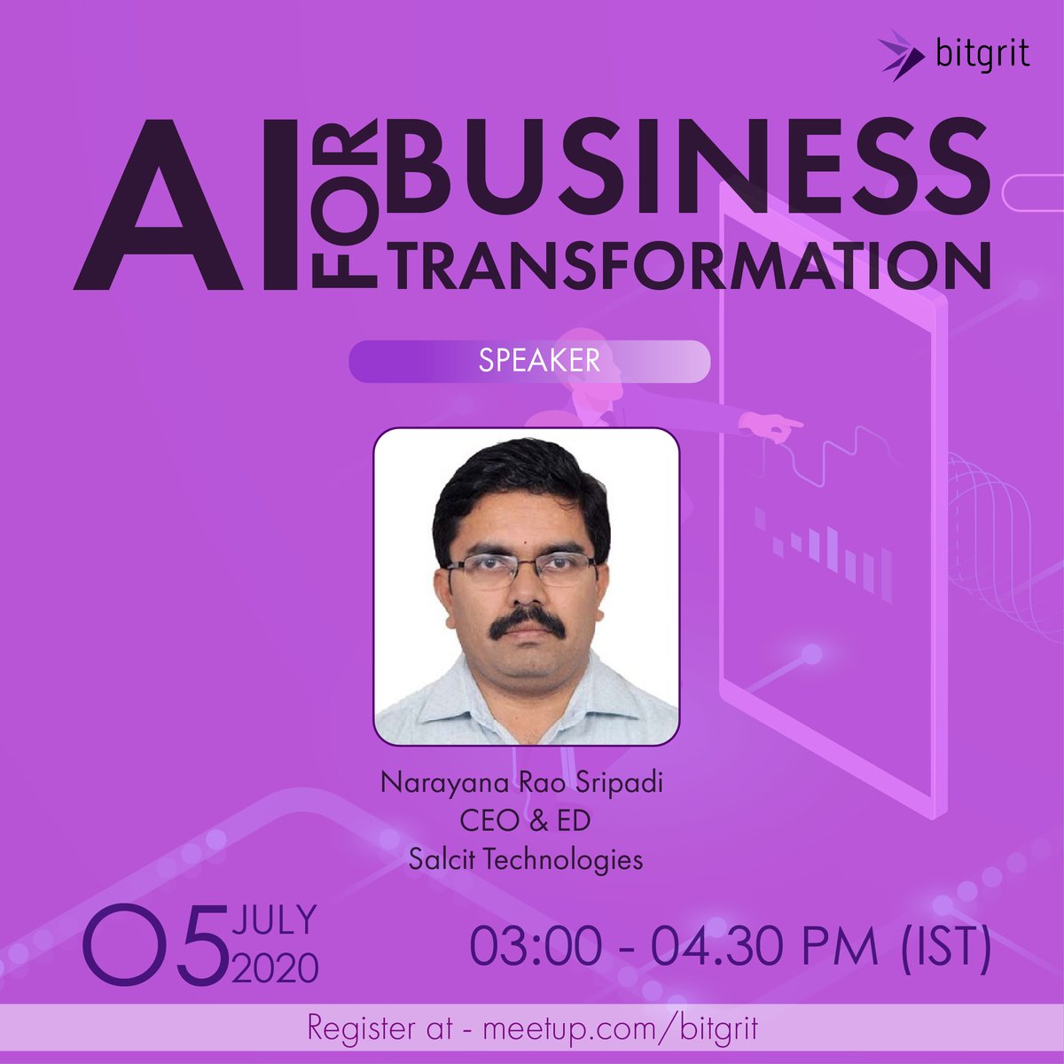 Webinar Alert! AI for Business Transformation, Sunday, 5th July at 15:00. Register at meetup.com/bitgrit/events…
AI is transforming lives of millions around the world. It is changing the way business is done. Our Founder, Mr. Narayana has interesting insights to share with you.