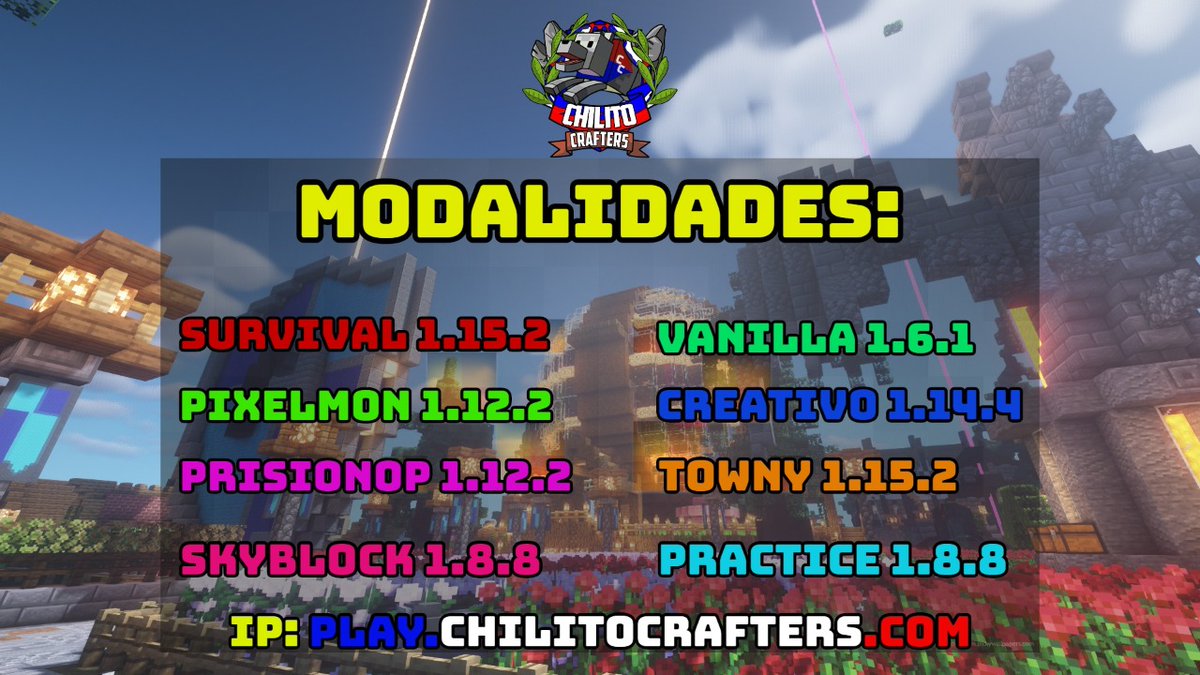 Ven a divertirte con nosotros 
Prueba nuestro nuevo Vanilla 1.16.1 !
IP: play.chilitocrafters.com