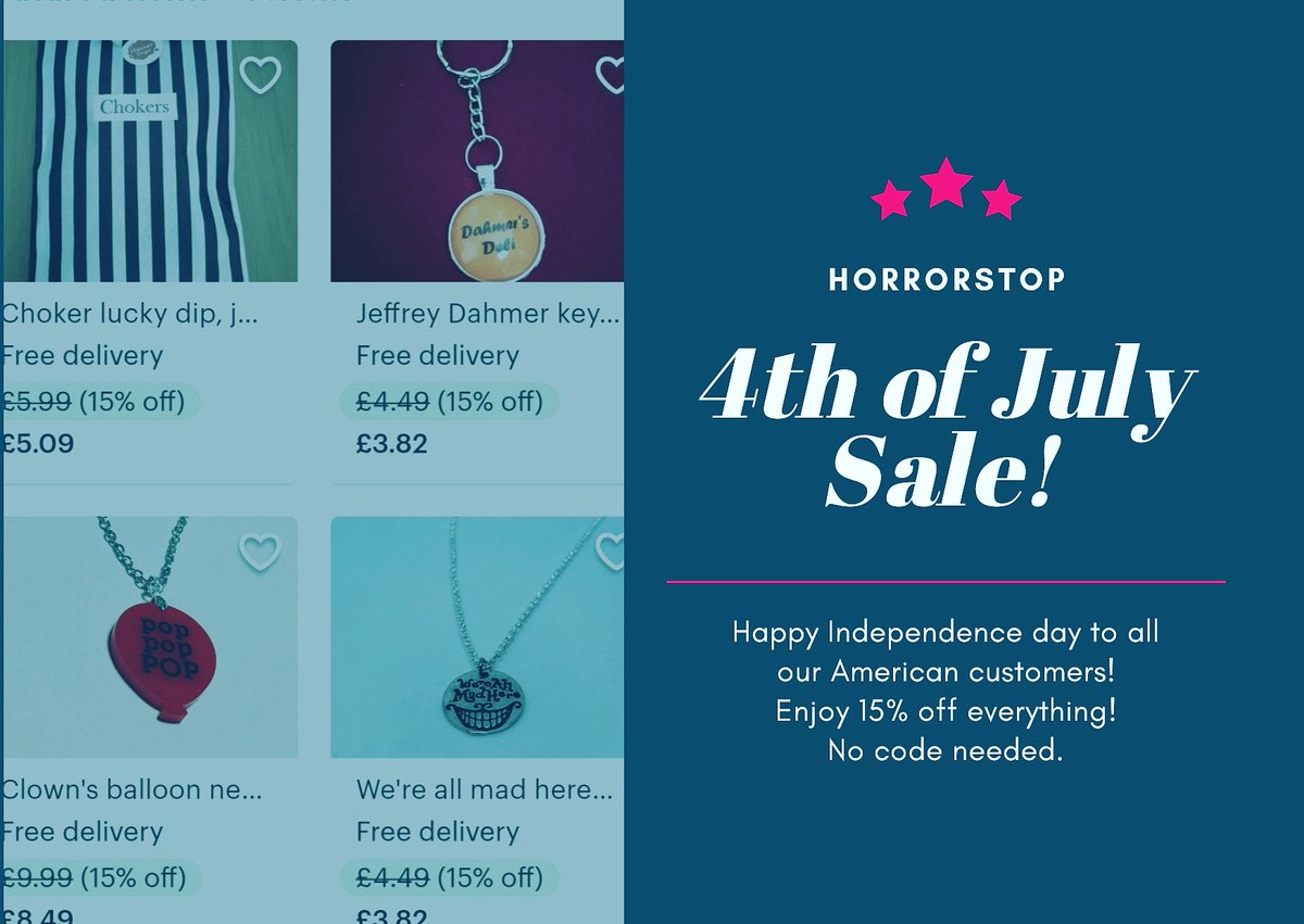 We have a huge amount of American customers &amp; followers, so I thought we'd do a 4th of July sale!
Happy Independence Day American Horrors! ✨15% off everything - code needed! Ends 12am 07/07!
etsy.me/2MCjkCW <a href="/Altfashion/">Alt fashion</a> #4thofjulyweekend #4thJuly #Sales #alternativegirl