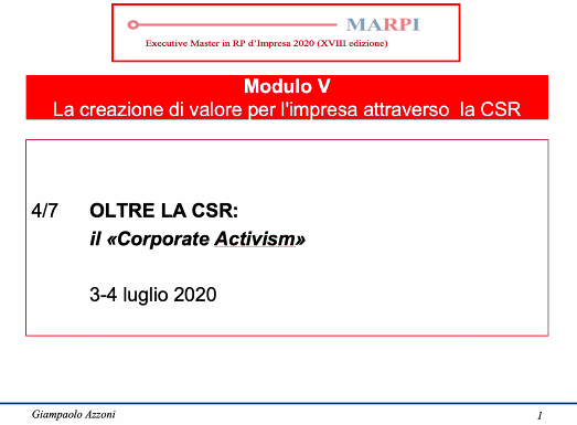 ExecutiveMARPI's tweet photo. La Creazione di Valore Condiviso è l’insieme delle politiche  che l’azienda adotta per migliorare la comunità. Non è charity, è un modello innovativo di business. Il modulo #marpi2020 sulla #CSR del professore Giampaolo Azzoni termina con riflessioni sul #CorporateActivism. https://t.co/s49RDcG0c5