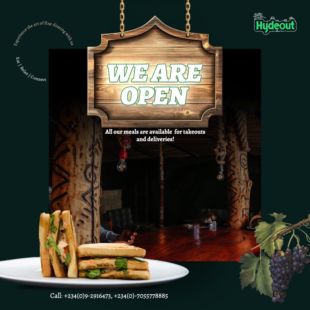 TheHydeout_'s tweet photo. We  are so excited to be reopening our doors safely to you today.
_
All our meals are  available for delivery and walk in.
_
A warm welcome awaits you.

_________________________________________
#thehydeout #AbujaTwitterCommunity #examscancelled https://t.co/pvEsE9yWq0